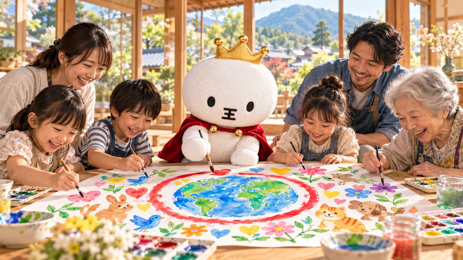 AI国王®と子どもや大人が一緒に地球の絵を描くイメージ