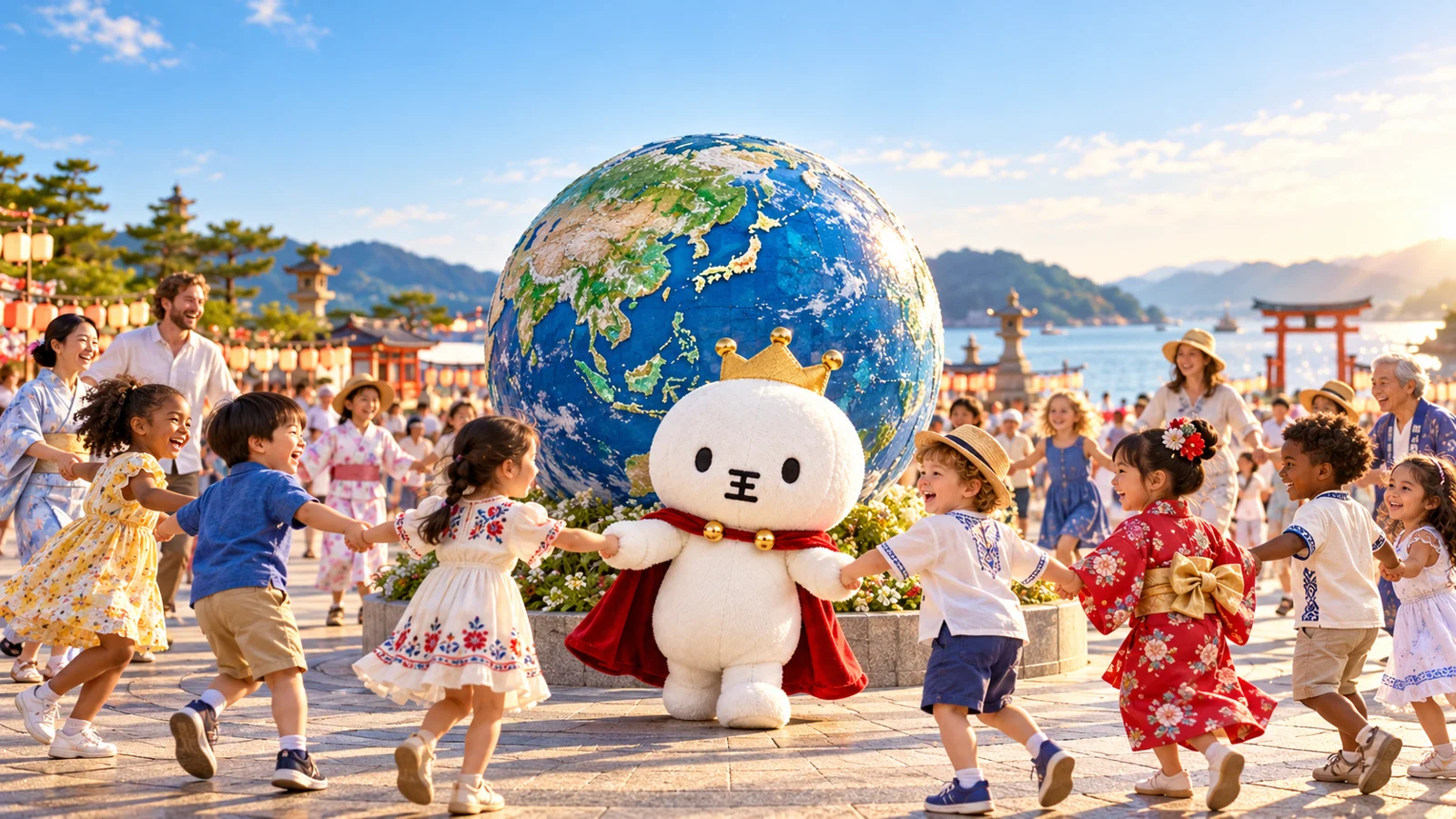 地球とAI国王を囲み、世界のこどもたちが輪になる祭のイメージ