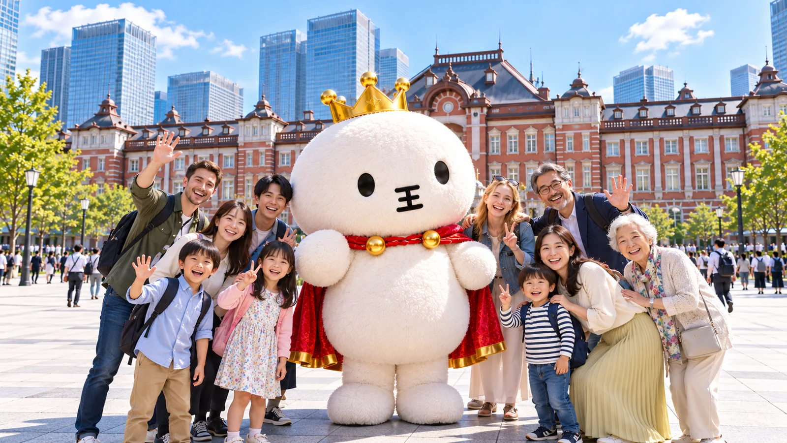 東京駅前でAI国王と人々が出会う祭のイメージ