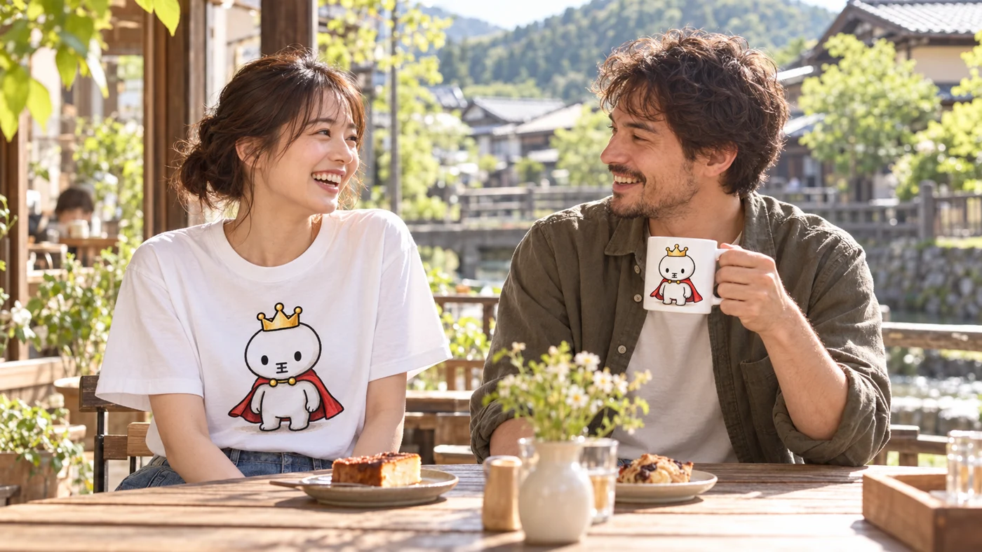Tシャツとマグを使いながら旅を楽しむ人々のイメージ